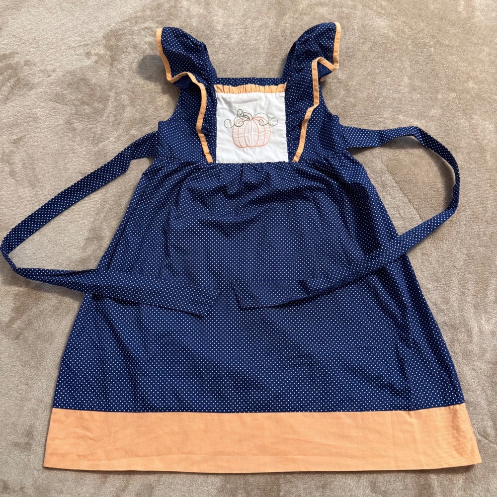 Classic Whimsy Girls Navy Blue Polka Dot Pumpkin Embroidered Dress Size 5 Fall
